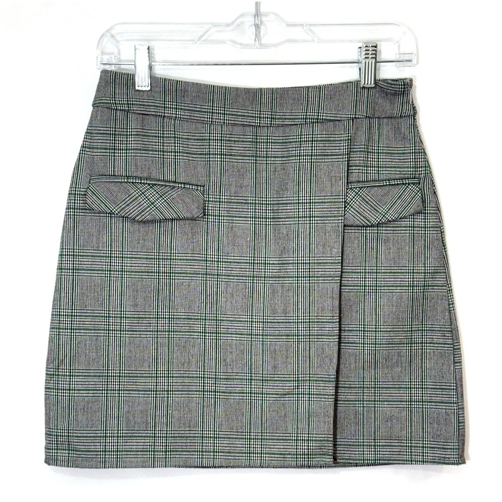 Nasty Gal Green Black Plaid Mini Skirt Faux Wrap Womens Size 6